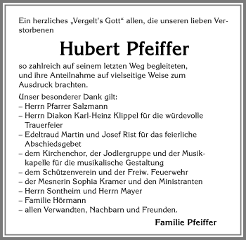 Traueranzeige von Hubert Pfeiffer von Allgäuer Zeitung,Kempten