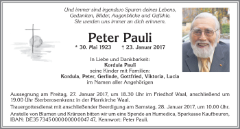 Traueranzeige von Peter Pauli von Allgäuer Zeitung, Kaufbeuren/Buchloe