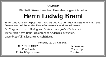 Traueranzeige von Ludwig Braml von Allgäuer Zeitung, Füssen