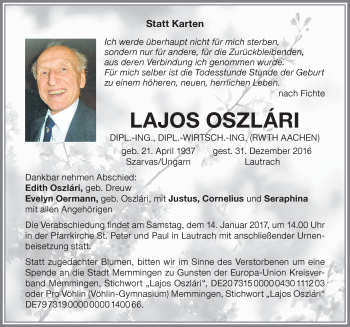 Traueranzeige von Lajos Oszlari von Memminger Zeitung