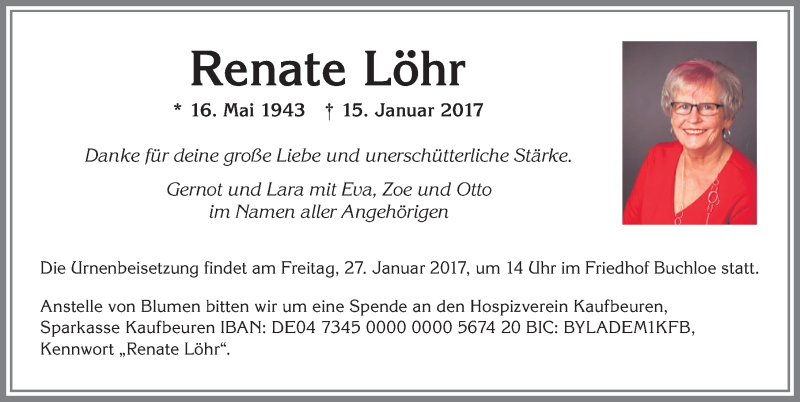  Traueranzeige für Renate Löhr vom 21.01.2017 aus Allgäuer Zeitung, Kaufbeuren/Buchloe