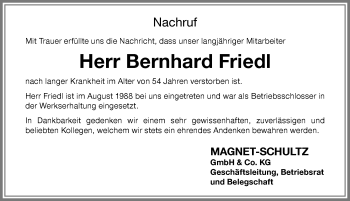 Traueranzeige von Bernhard Friedl von Memminger Zeitung
