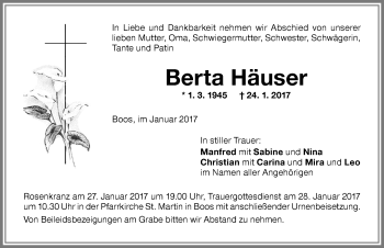 Traueranzeige von Berta Häuser von Memminger Zeitung