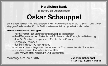 Traueranzeige von Oskar Schauppel von Memminger Zeitung