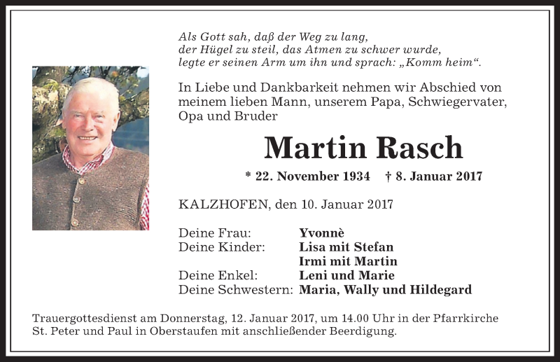  Traueranzeige für Martin Rasch vom 10.01.2017 aus Allgäuer Anzeigeblatt