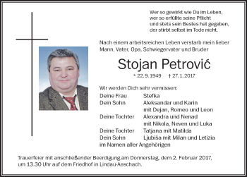 Traueranzeige von Stojan Petrovic von Der Westallgäuer