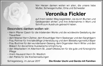Traueranzeige von Veronika Fickler von Memminger Zeitung