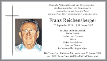 Traueranzeige von Franz Reichensberger von Allgäuer Zeitung, Füssen
