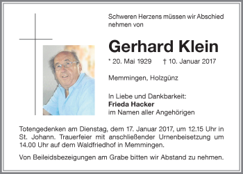 Traueranzeige von Gerhard Klein von Memminger Zeitung