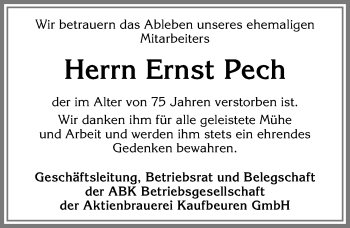 Traueranzeige von Ernst Pech von Allgäuer Zeitung