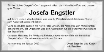 Traueranzeige von Josefa Engstler von Allgäuer Zeitung, Marktoberdorf