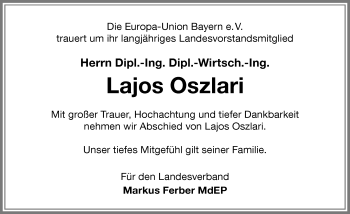 Traueranzeige von Lajos Oszlari von Memminger Zeitung