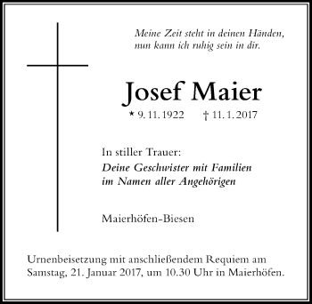 Traueranzeige von Josef Maier von Der Westallgäuer