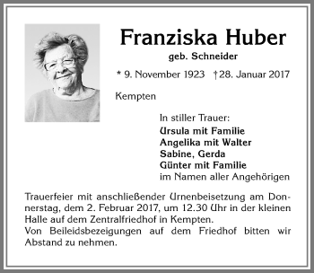 Traueranzeige von Franziska Huber von Allgäuer Zeitung,Kempten