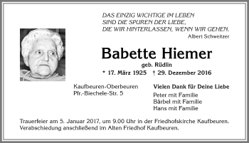 Traueranzeige von Babette Hiemer von Allgäuer Zeitung, Kaufbeuren/Buchloe