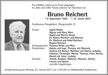 Traueranzeige von Bruno Reichert von Allgäuer Zeitung, Kaufbeuren/Buchloe