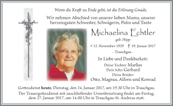 Traueranzeige von Michaelina Echtler von Allgäuer Zeitung, Füssen