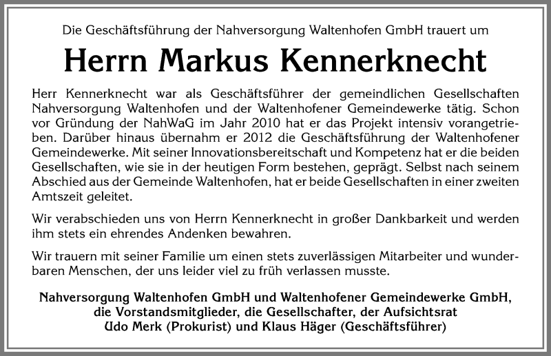  Traueranzeige für Markus Kennerknecht vom 02.01.2017 aus Allgäuer Zeitung,Kempten