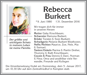 Traueranzeige von Rebecca Burkert von Allgäuer Zeitung,Kempten