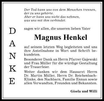 Traueranzeige von Magnus Henkel von Allgäuer Zeitung,Kempten