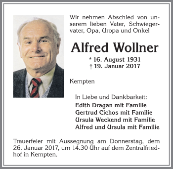 Traueranzeige von Alfred Wollner von Allgäuer Zeitung,Kempten