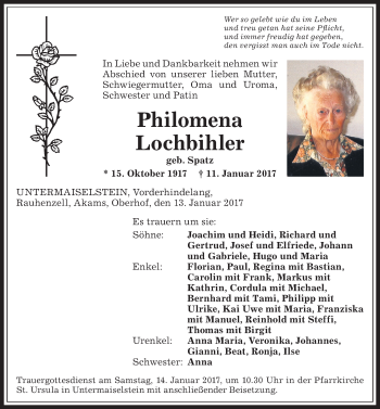 Traueranzeige von Philomena Lochbihler von Allgäuer Anzeigeblatt