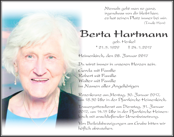 Traueranzeige von Berta Hartmann von Der Westallgäuer