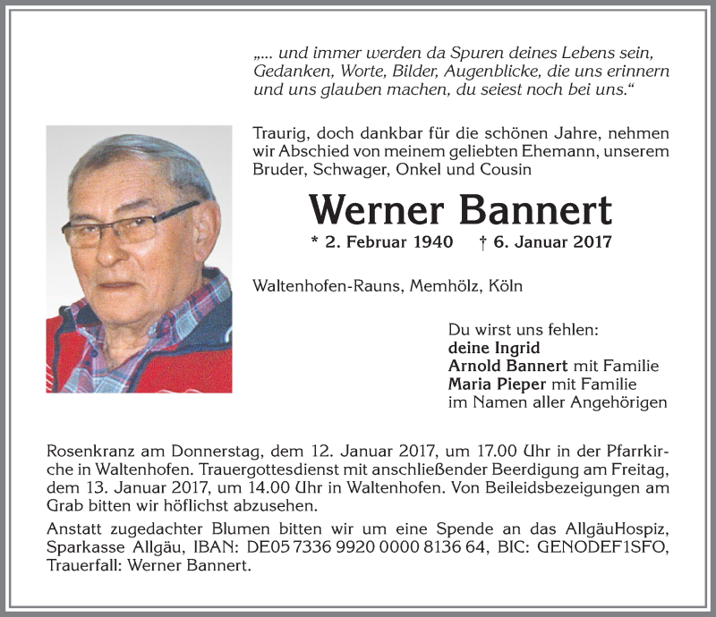  Traueranzeige für Werner Bannert vom 11.01.2017 aus Allgäuer Zeitung,Kempten