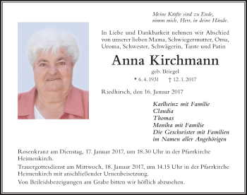 Traueranzeige von Anna Kirchmann von Der Westallgäuer