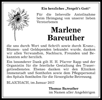 Traueranzeige von Marlene Bareuther von Allgäuer Anzeigeblatt