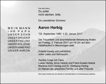 Traueranzeige von Aaron Herbig von Memminger Zeitung