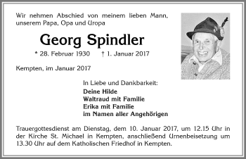 Traueranzeige von Georg Spindler von Allgäuer Zeitung,Kempten
