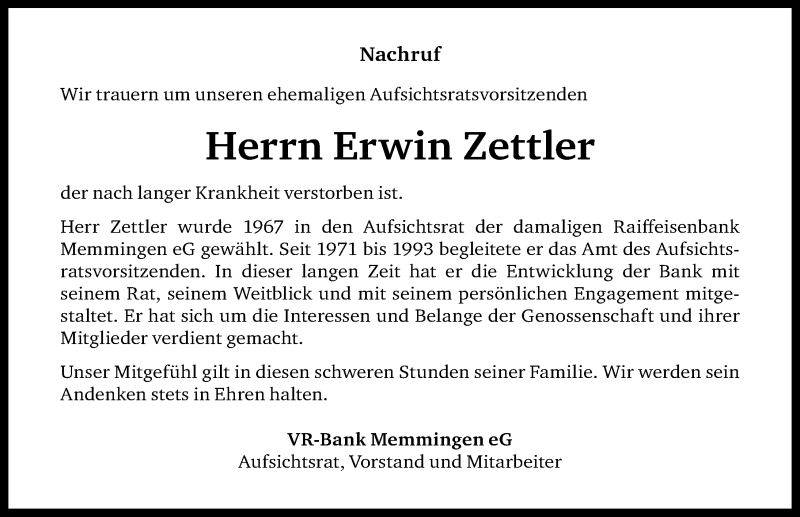 Traueranzeige für Erwin Zettler vom 18.01.2017 aus Memminger Zeitung