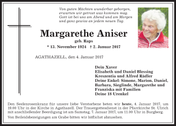 Traueranzeige von Margarethe Aniser von Allgäuer Anzeigeblatt