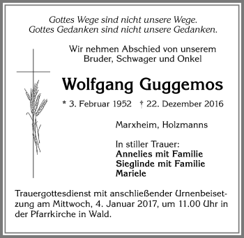 Traueranzeige von Wolfgang Guggemos von Allgäuer Zeitung, Marktoberdorf