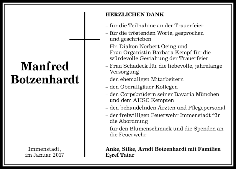  Traueranzeige für Manfred Botzenhardt vom 21.01.2017 aus Allgäuer Zeitung