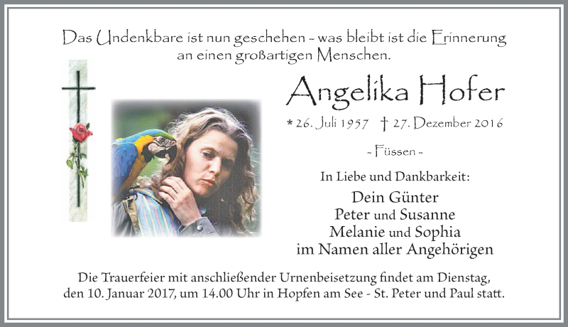  Traueranzeige für Angelika Hofer vom 05.01.2017 aus Allgäuer Zeitung, Füssen