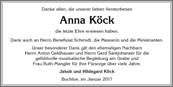 Traueranzeige von Anna Köck von Allgäuer Zeitung, Kaufbeuren/Buchloe