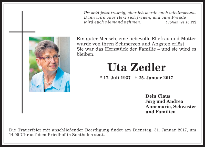  Traueranzeige für Uta Zedler vom 28.01.2017 aus Allgäuer Anzeigeblatt