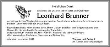 Traueranzeige von Leonhard Brunner von Allgäuer Zeitung,Kempten