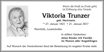 Traueranzeige von Viktoria Trunzer von Allgäuer Zeitung,Kempten