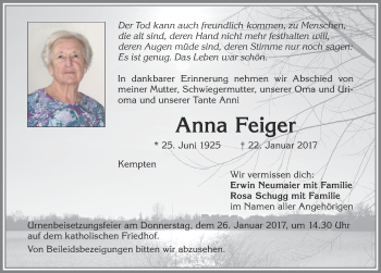 Traueranzeige von Anna Feiger von Allgäuer Zeitung,Kempten