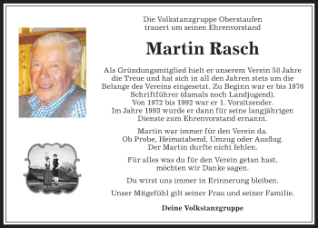 Traueranzeige von Martin Rasch von Allgäuer Anzeigeblatt