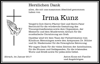 Traueranzeige von Irma Kunz von Memminger Zeitung
