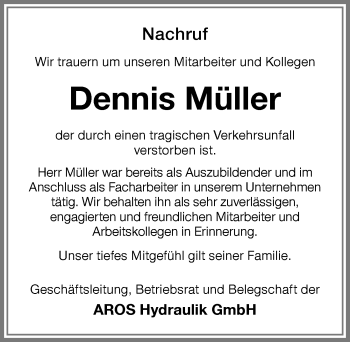Traueranzeige von Dennis Müller von Memminger Zeitung