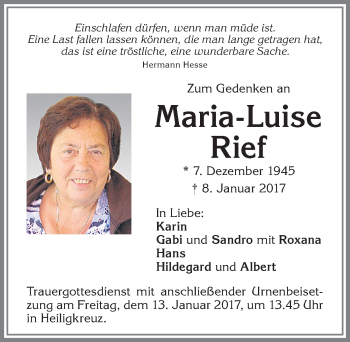 Traueranzeige von Maria-Luise Rief von Allgäuer Zeitung,Kempten