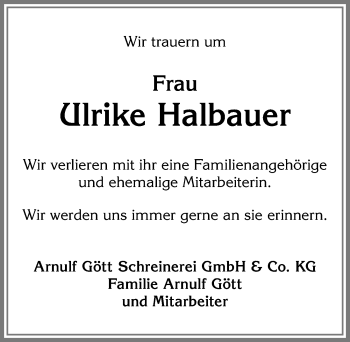 Traueranzeige von Ulrike Halbauer von Allgäuer Zeitung,Kempten