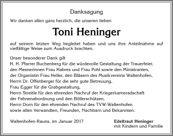 Traueranzeige von Toni Heninger von Allgäuer Zeitung,Kempten
