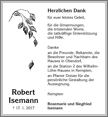 Traueranzeige von Robert Isemann von Allgäuer Zeitung,Kempten