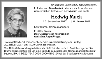 Traueranzeige von Hedwig Muck von Allgäuer Zeitung, Marktoberdorf